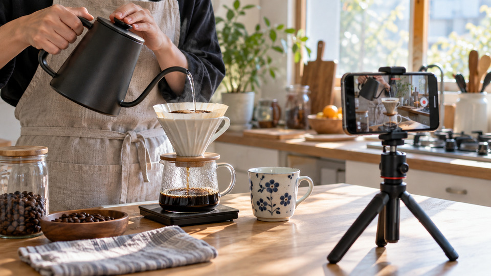 最初の一本の扉写真。コーヒーをいれる手元をスマートフォンで撮影する机