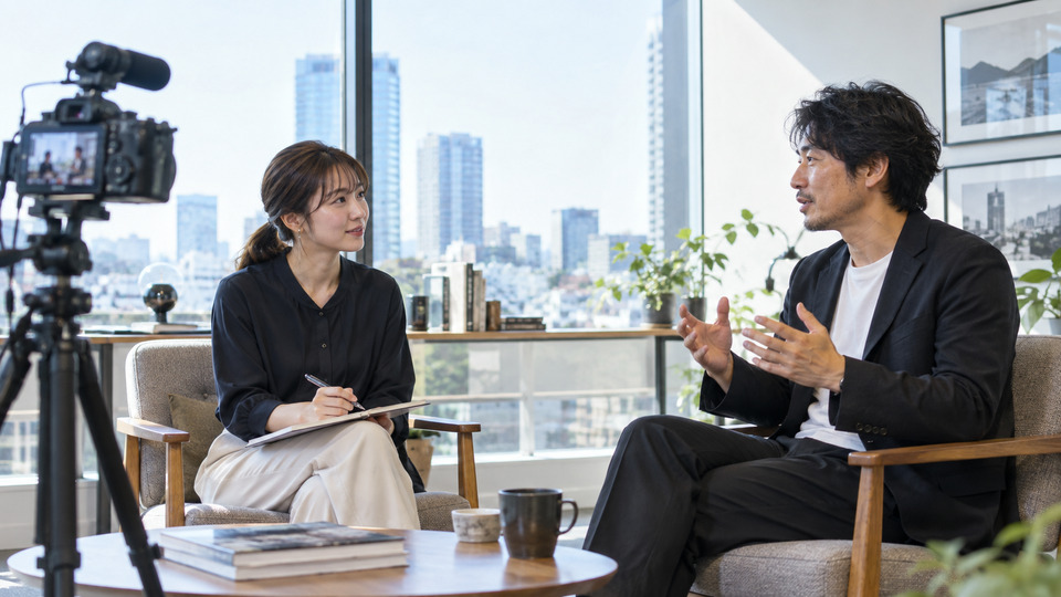 撮影の扉写真。向かい合って対話するインタビュー現場
