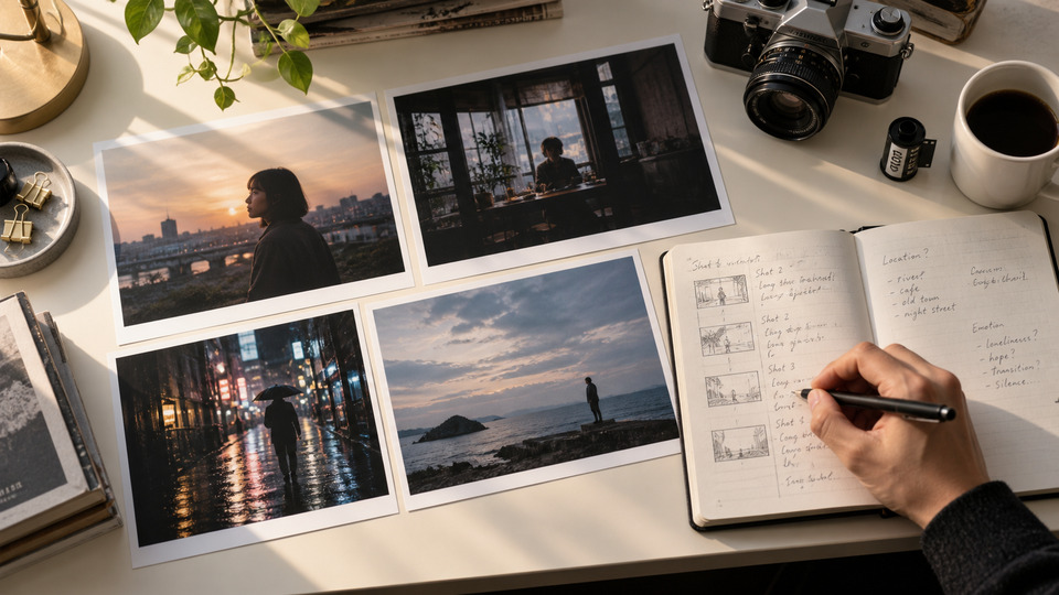 仕事の準備の扉写真。プリントした作品写真に制作メモを添える手元