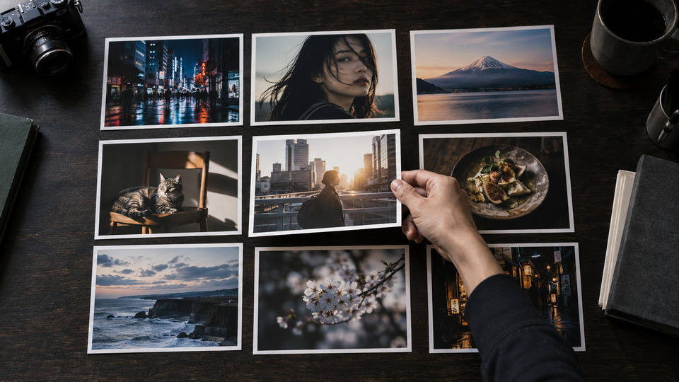 仕事の準備の扉写真。複数の作品写真から見せるものを選ぶ手元
