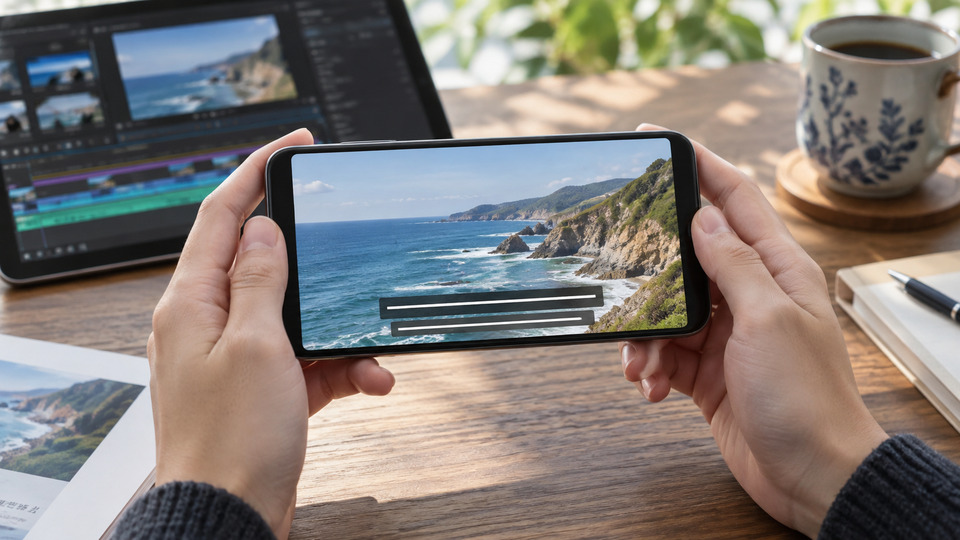 編集の扉写真。スマートフォンで字幕の大きさを確認する手元