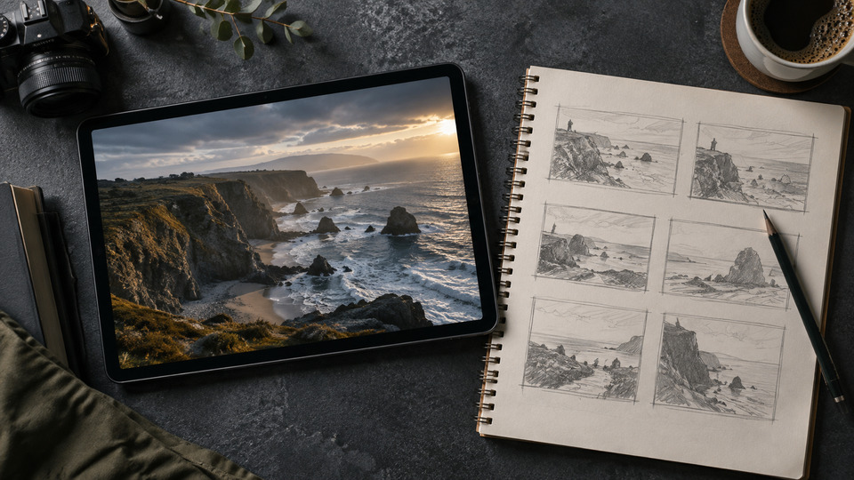 はじめの一歩の扉写真。映像を見ながら構図を書き留める机