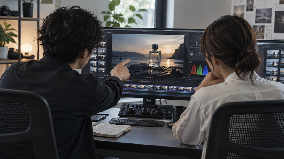 仕事の準備の扉写真。同じ映像を見ながら修正箇所を確認する二人