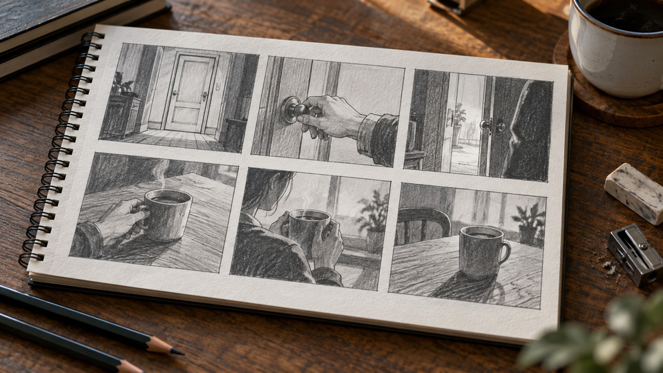 はじめの一歩の扉写真。コマ割りを描いた絵コンテと鉛筆